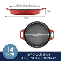 The 14-Inch NITRO Cast Iron Skillet is a vibrant red skillet equipped with handy side handles and measurement marks. It is oven safe and suitable for induction cooking, adding versatility to any kitchen.