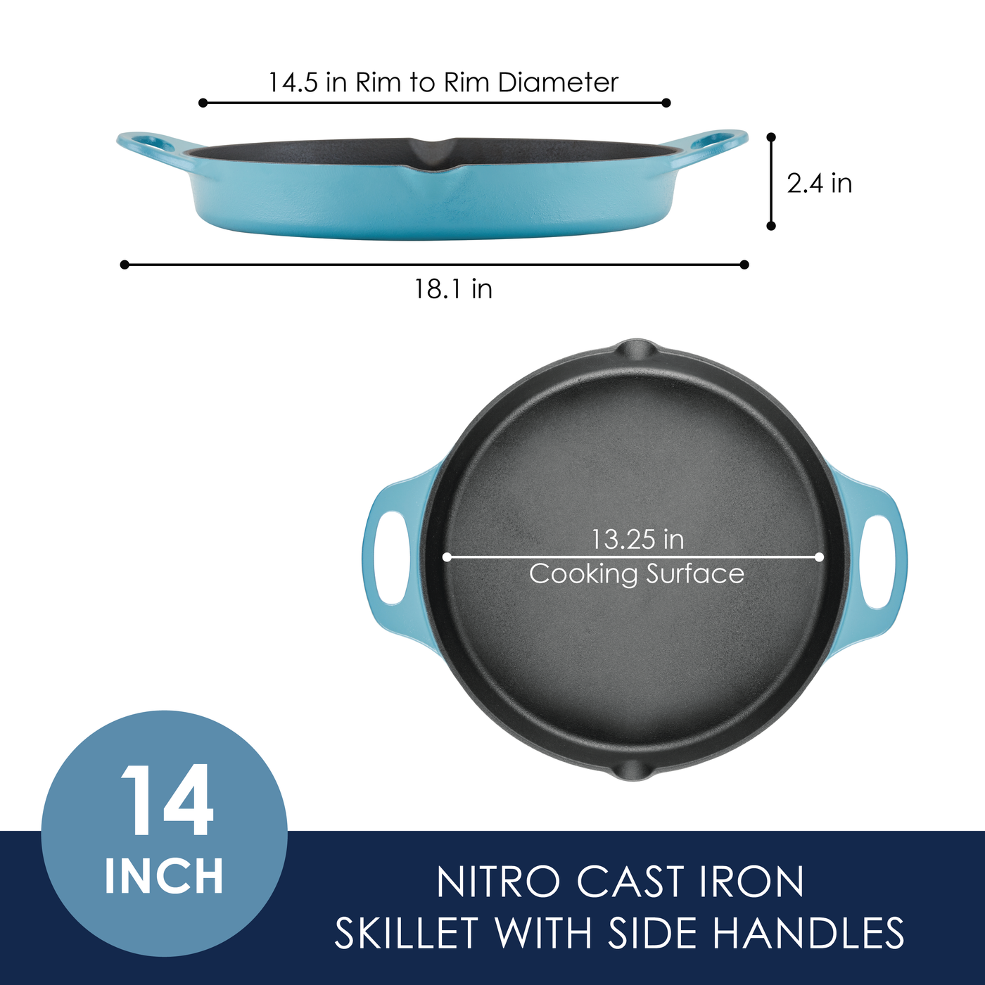 The 14-Inch NITRO Cast Iron Skillet by Rachael Ray in blue boasts side handles and clear measurements, making it a versatile piece perfect for any kitchen. Oven safe and induction ready, it's an essential addition to your culinary collection.