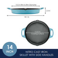 The 14-Inch NITRO Cast Iron Skillet by Rachael Ray in blue boasts side handles and clear measurements, making it a versatile piece perfect for any kitchen. Oven safe and induction ready, it's an essential addition to your culinary collection.