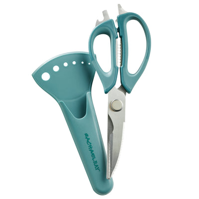 Kitchen scissors with green handle and blade guard, partially opened.