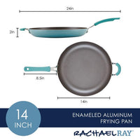 Crafted from thicker gauge aluminum for durability, the 14-inch Cook + Create Nonstick Frying Pan features a high-performance enameled surface and a teal handle.
