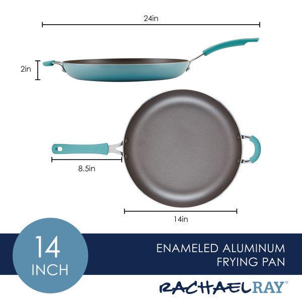 Crafted from thicker gauge aluminum for durability, the 14-inch Cook + Create Nonstick Frying Pan features a high-performance enameled surface and a teal handle.