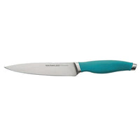 Chef's knife from the 6-Piece Knife Block Set, featuring a teal silicone grip and a silver blade crafted from Japanese stainless steel, displayed on a white background.