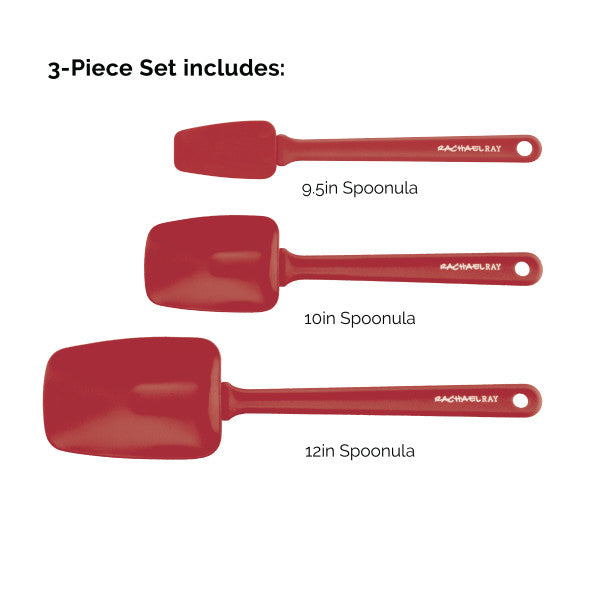 Image of the 3-Piece Spoonula Set, featuring a vibrant red color and crafted for use with nonstick cookware. The set includes nylon tools available in sizes of 9.5 inches, 10 inches, and 12 inches.