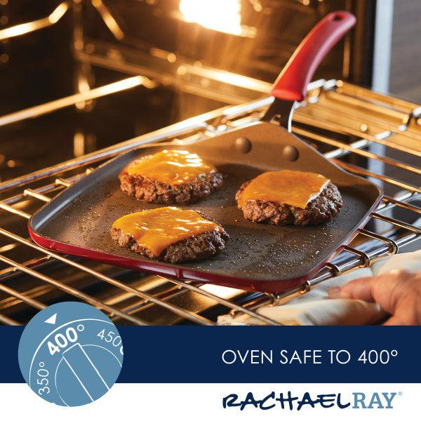 Three cheeseburgers sizzle on the 11-Inch Cook + Create Nonstick Square Griddle Pan in the oven, promising juicy perfection.