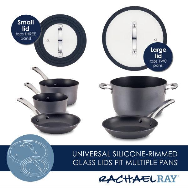 The Cook + Create Hard Anodized Nonstick Cookware Sets include two tempered glass lids: the smaller lid is designed to fit three pans, while the larger lid accommodates two.