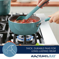 A 3-Quart Cook + Create Nonstick Saucier Pan in blue on the stove, accompanied by a matching spoon stirring tomato sauce, resembles something straight out of a Food Network kitchen.