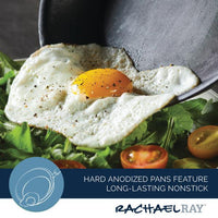 A fried egg sizzles in the 4-Quart Professional Hard Anodized Nonstick Saucier with Lid, surrounded by fresh greens and juicy tomatoes, showcasing the magic of high-quality, dishwasher-safe cookware.