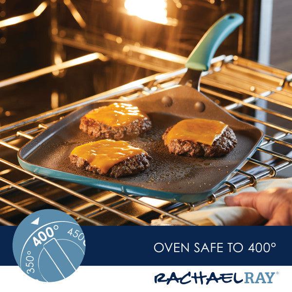 The 11-Inch Cook + Create Nonstick Square Griddle Pan is made from thicker gauge aluminum, offering excellent performance on the stovetop and can effortlessly transition to the oven with cheeseburgers, thanks to its remarkable oven-safe capability of up to 400°F.