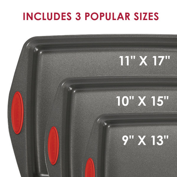Three baking trays in sizes 11"x17", 10"x15", and 9"x13" with red accents.
