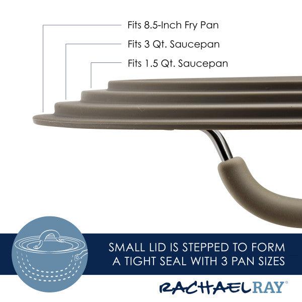 A compact lid designed to fit three different pan sizes, labeled with dimensions, and specifically created for the Cook + Create Nonstick Cookware Sets.