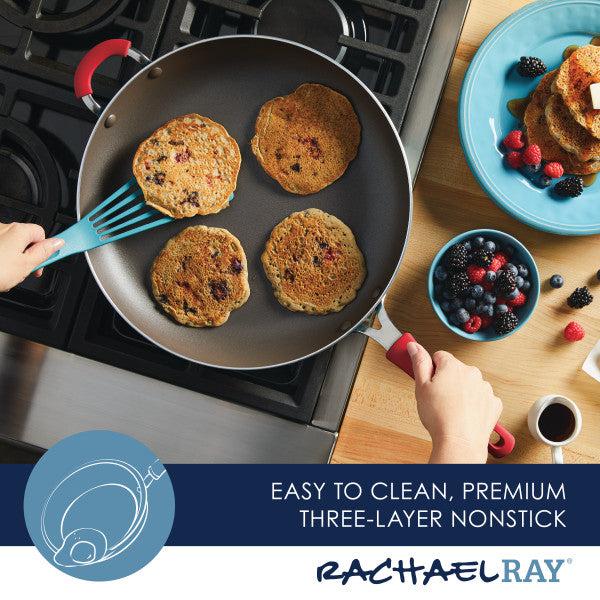 Four pancakes sizzle on the Cook + Create Nonstick Frying Pan, engineered with thicker gauge aluminum for superior heat distribution on the stovetop.