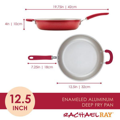 Red enameled aluminum deep fry pan with dimensions displayed.