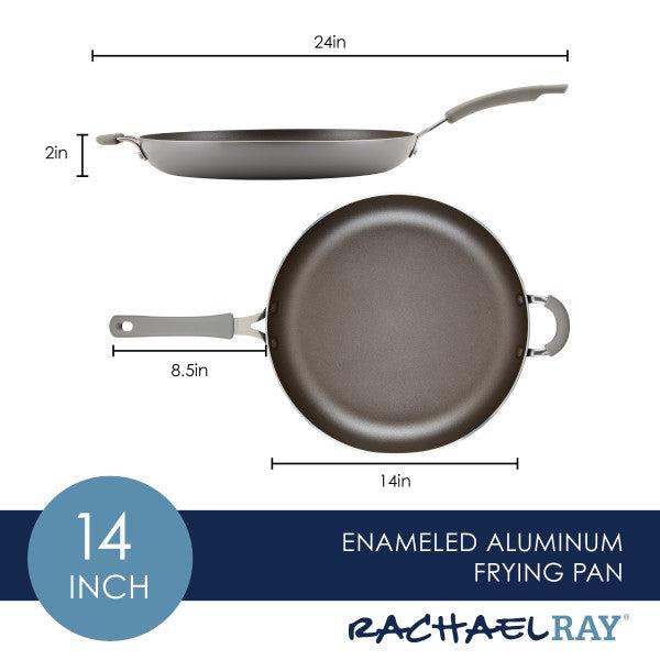 Diagram of a 14-inch Cook + Create Nonstick Frying Pan made from high-performance enameled aluminum, showcasing its dimensions and thicker gauge for enhanced durability.