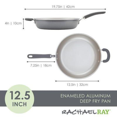 Enameled aluminum deep fry pan, 12.5 inches, with handle and measurements.
