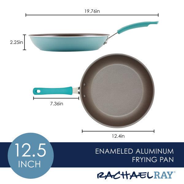 The Cook + Create Nonstick Frying Pan features a teal handle and is made from thicker gauge enameled aluminum for enhanced durability. Dimensions are provided.