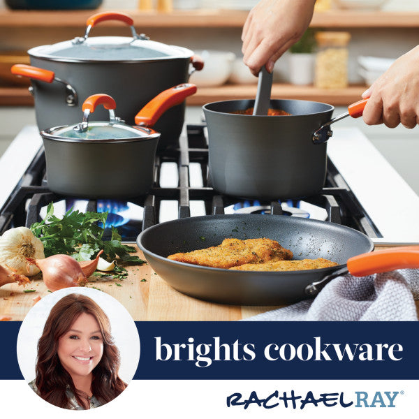 Cookware set on stove with vegetables; text: "Brights Cookware - Rachael Ray.
