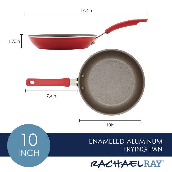 Cook + Create Nonstick Frying Pan, 10-inch diameter, featuring red enamel finish, high-performance aluminum with thicker gauge material and dimension labels.