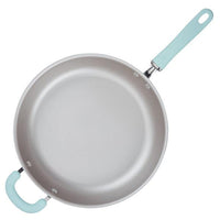 Top view: Light gray Nonstick Induction Deep Frying Pan with blue handles.
