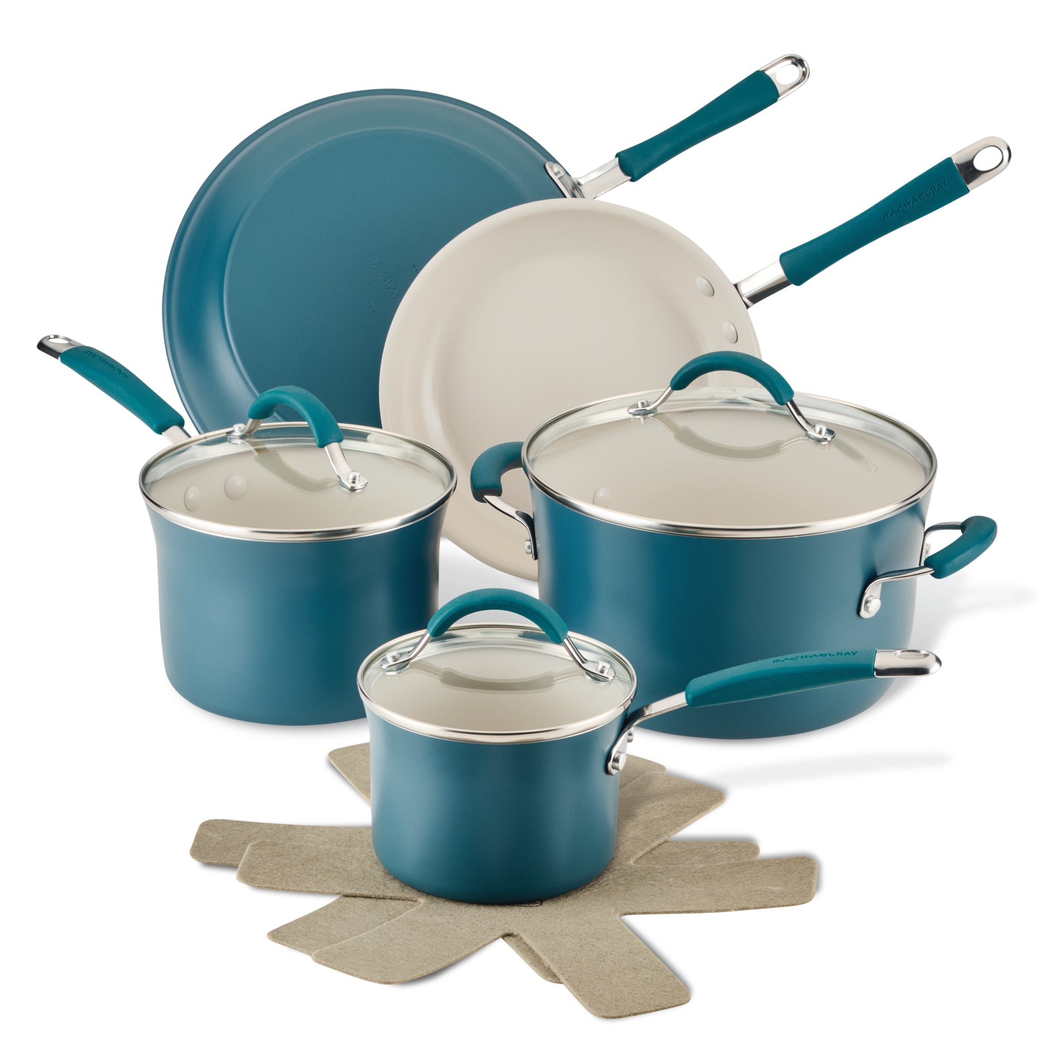 The 10-Piece Cucina Ceramic Nonstick Cookware Set boasts high-performance aluminum construction and includes lids, two pans, three pots, and protective pads. Its ceramic nonstick surfaces guarantee easy cooking and cleanup.