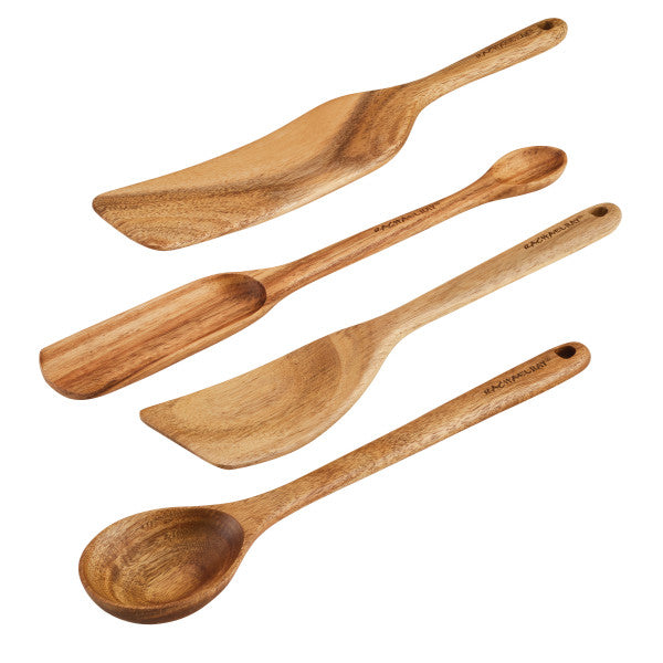 Acacia Wood Tool Sets feature a set of four kitchen tools made from acacia wood on a white background, specially designed to be safe for nonstick cookware. This versatile set enhances your cooking space with both elegance and functionality.