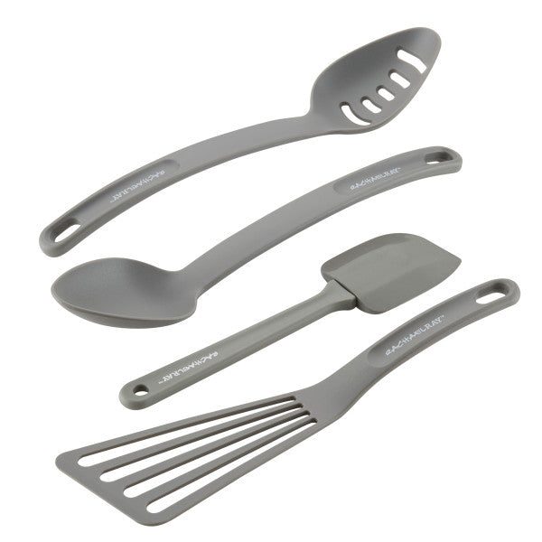 Set of four gray kitchen utensils on a white background.