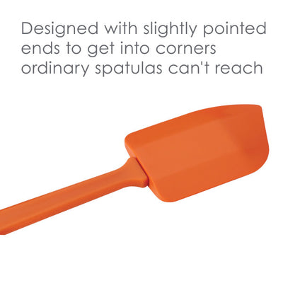 Orange spatula with pointed ends and text about its corner-reaching design.