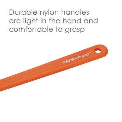 Close-up of an orange nylon handle labeled "Rachael Ray.