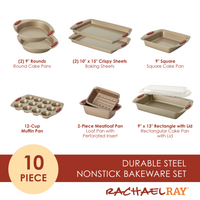 The 10-Piece Nonstick Bakeware Set by Rachael Ray includes a variety of durable, heavy gauge steel pans that are oven-safe and perfect for all your baking needs.