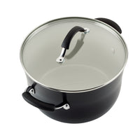 Top view of 10-Piece Ceramic Nonstick Cookware Set with glass lid, black handles.