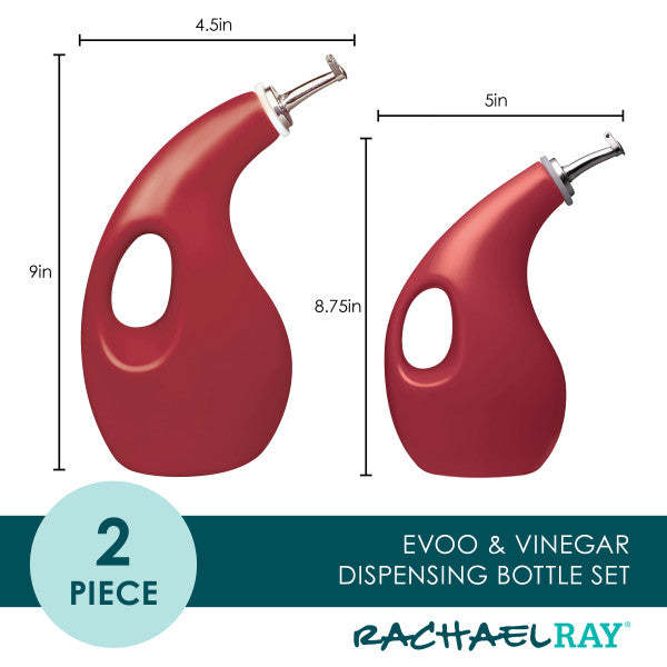 Red EVOO and vinegar dispensing bottle set with dimensions labeled.