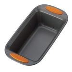 Gray loaf pan with orange handles on the short sides.