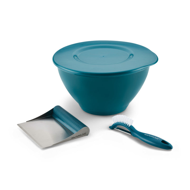 Teal 4-Piece Food Prep Set: bowl with lid, bench scraper, and brush.
