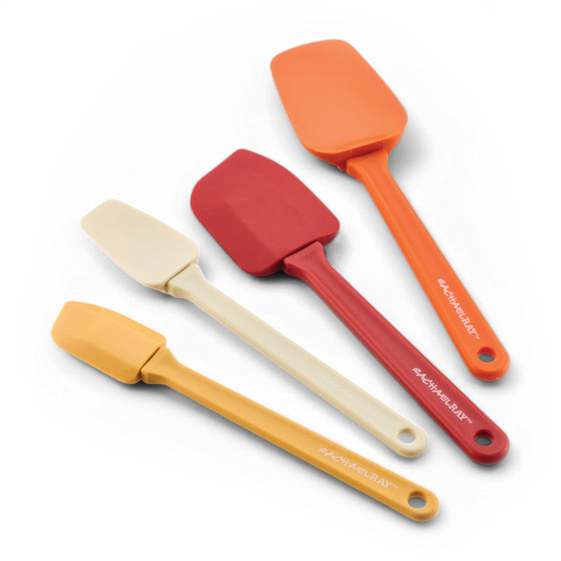 Four bright 4-Piece Spatula Set utensils are laid side by side.