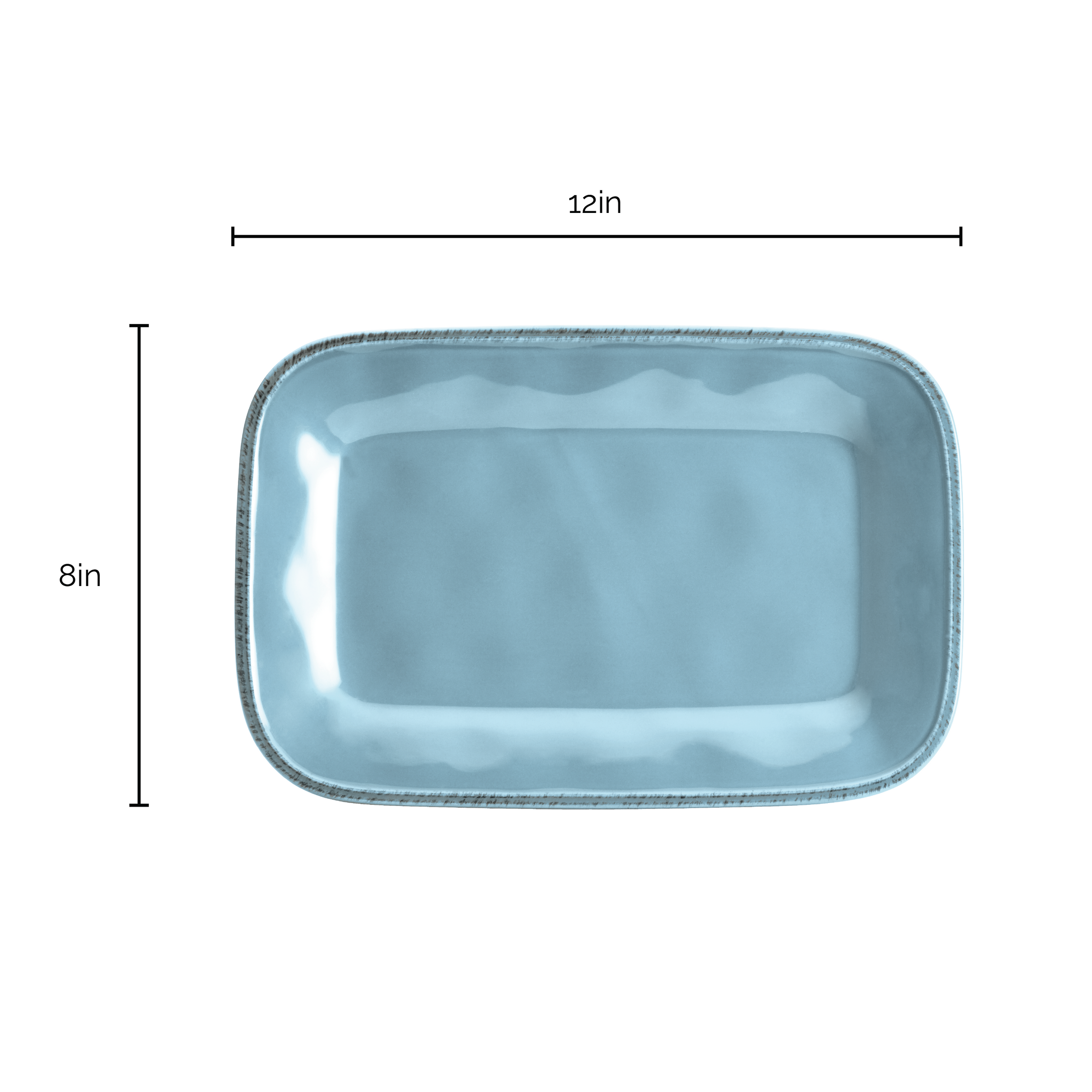 Rectangular blue ceramic plate, 12 inches by 8 inches.