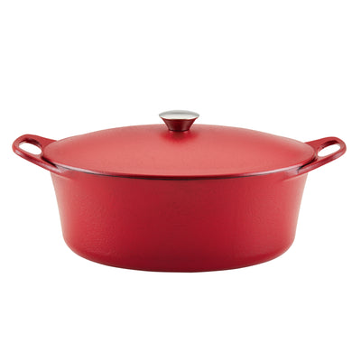 Red cast iron Dutch oven with a lid and two handles.