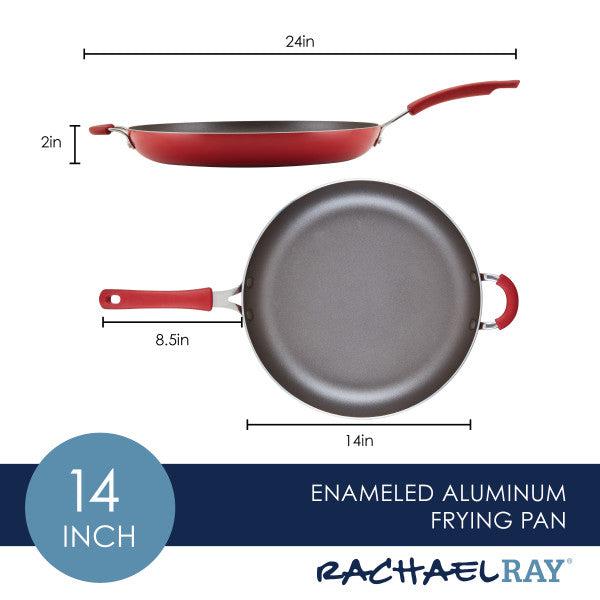 Introducing the Cook + Create Nonstick Frying Pan, featuring a high-performance design with a vibrant red enamel finish. This 14-inch pan is crafted from thicker gauge aluminum and includes two sturdy handles for ease of use.