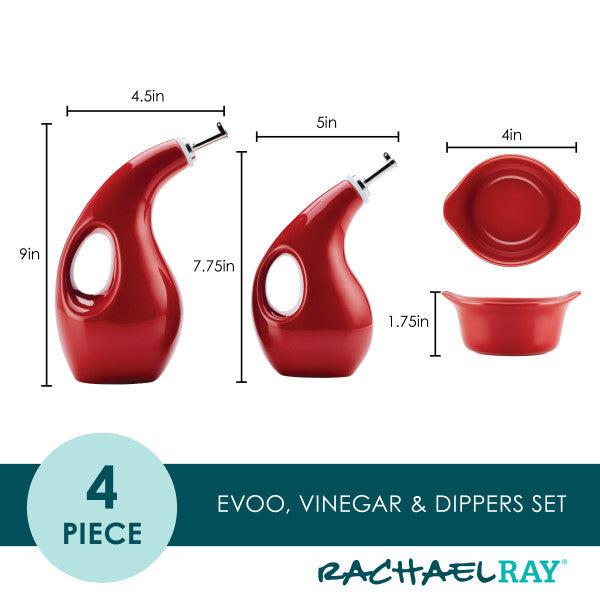 EVOO Bottle and Ramekin Dipper Set in red, showcasing ceramic dippers and an EVOO bottle, all complete with measurements and designed to be dishwasher safe for convenience.