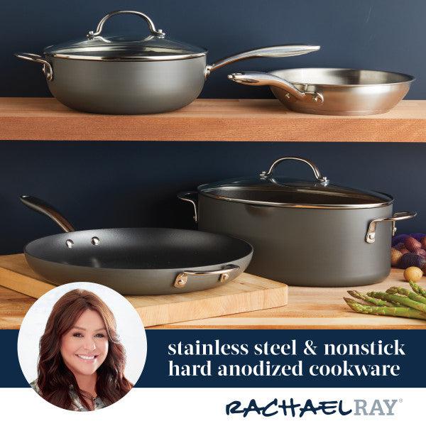 Featuring a 4-Quart Professional Hard Anodized Nonstick Saucier with Lid, the display showcases its oven-safe capabilities, with distinctive branding and design in the foreground. Enjoy the convenience of dishwasher-safe cookware for effortless cleanup after crafting your culinary masterpieces.