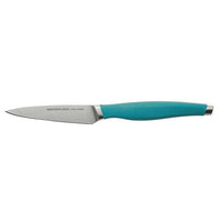 A kitchen knife from the 6-Piece Knife Block Set featuring a teal handle and a Japanese stainless steel blade, enhanced with silicone grips for comfort.