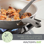 Shrimp cooking in a pan on stovetop; suitable for all cooktops; oven safe to 400°F.