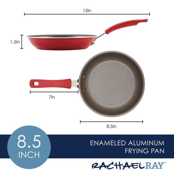 8.5-inch Cook + Create Nonstick Frying Pan with high-performance enameled aluminum and a thicker gauge for added durability, dimensions shown.