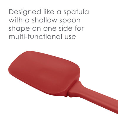 Red kitchen utensil with a spatula and shallow spoon design.