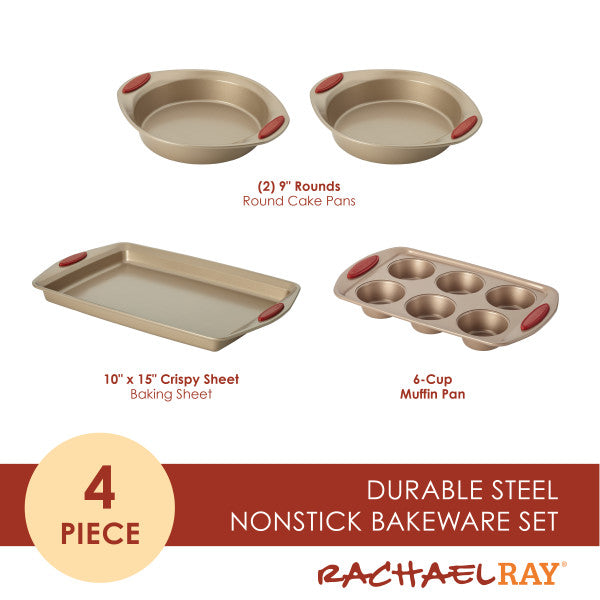The 4-Piece Nonstick Bakeware Set is crafted from heavy gauge steel and includes pans and a muffin tin from Rachael Ray.