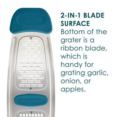 2-in-1 grater with ribbon blade for garlic, onion, or apples.