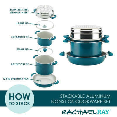 Stacked cookware set with pots, lids, and a stainless steel steamer insert.