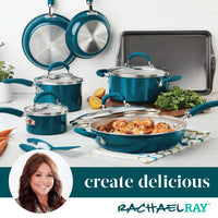 13-Piece Nonstick Induction Cookware Set in turquoise on kitchen counter with food.