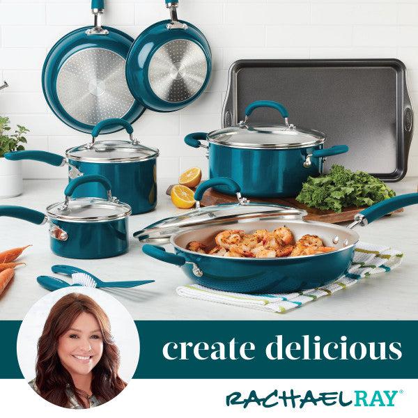13-Piece Nonstick Induction Cookware Set in turquoise on kitchen counter with food.