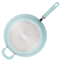 Light blue Nonstick Induction Deep Frying Pan with a silver perforated base, top view.