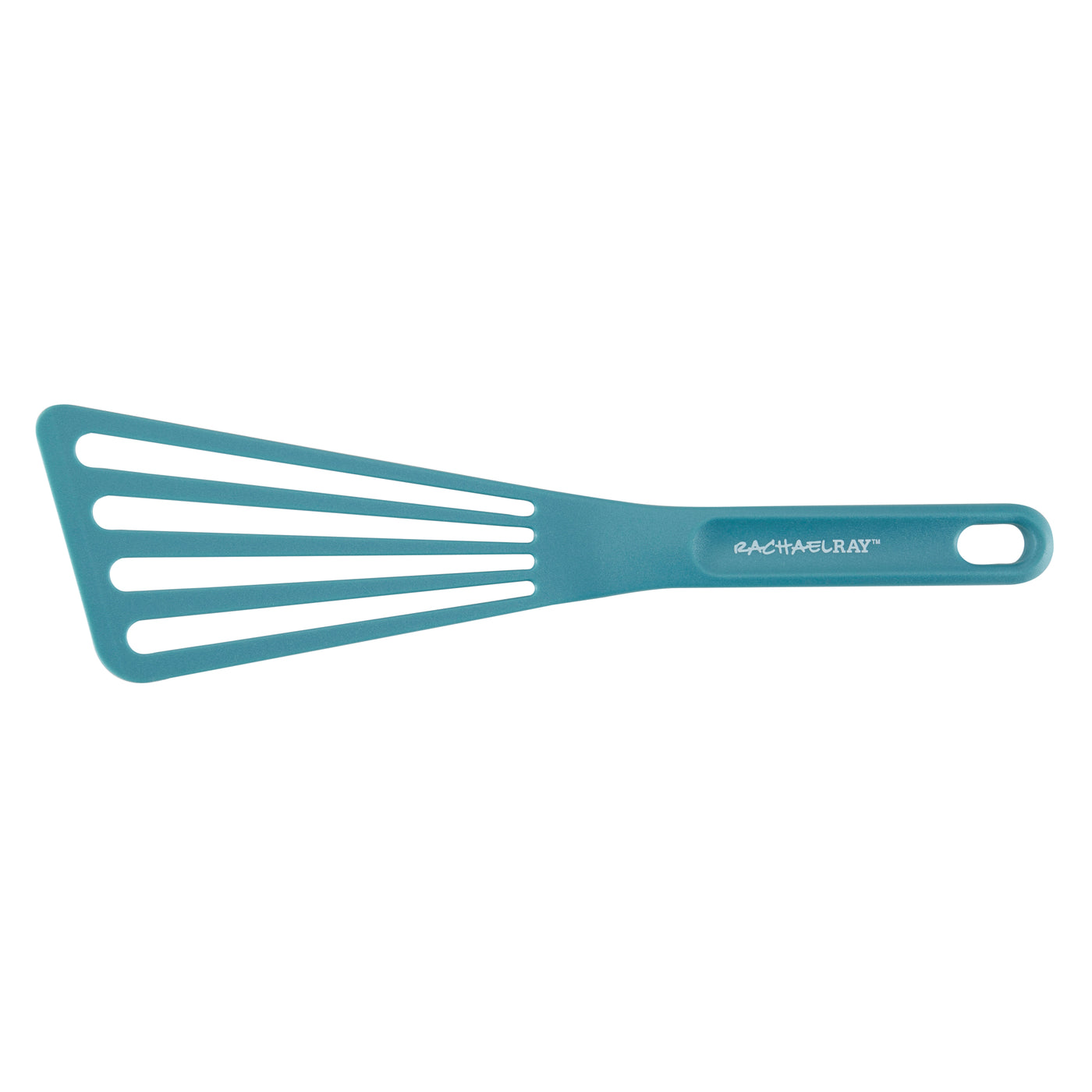 A blue slotted spatula with a branded handle.